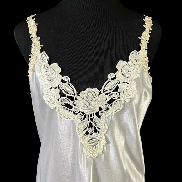 Dentelle White Satin Long Nightgown Set Size M Vintage 1980s USA lace Applique - Picture 3 of 7
